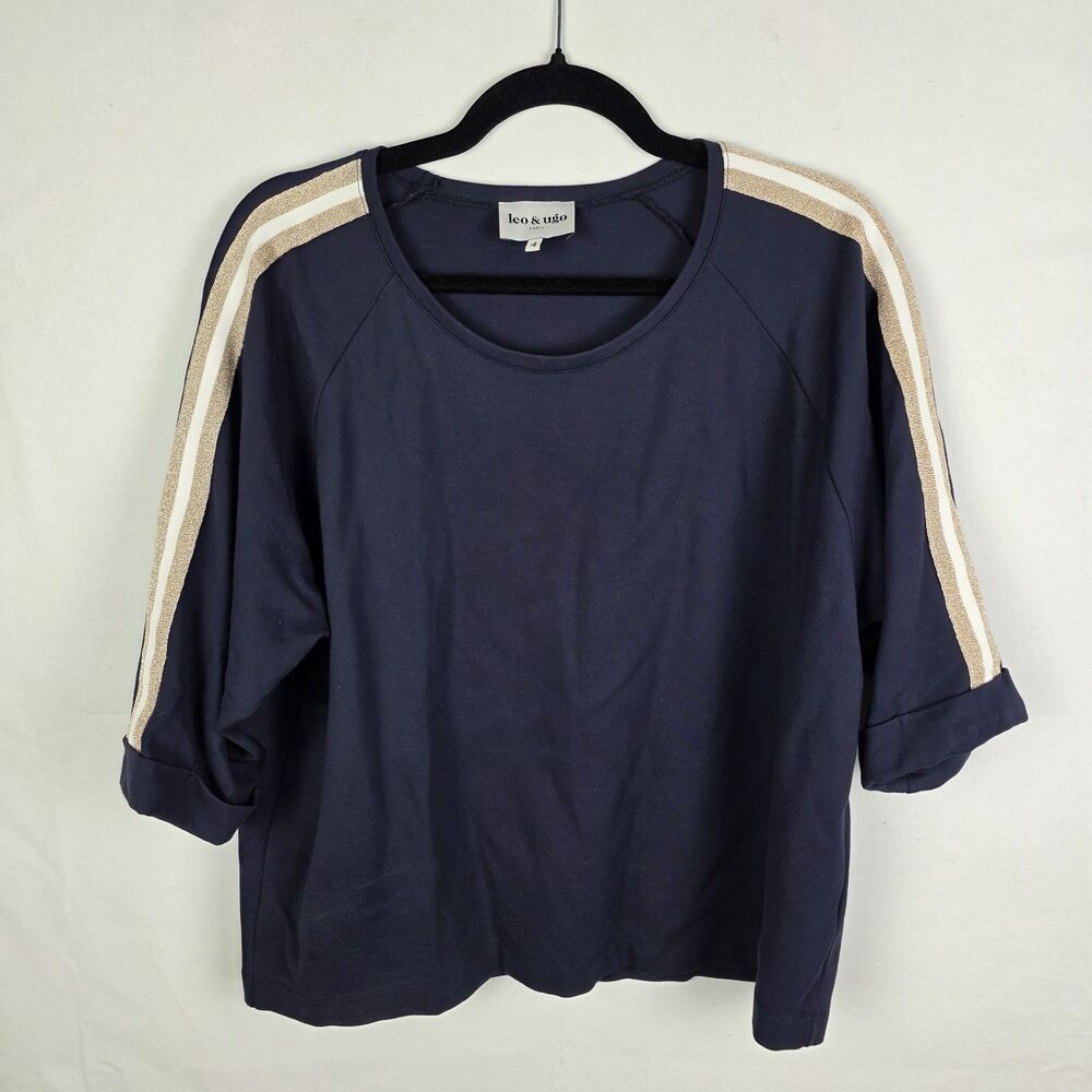 Leo & Ugo Metallic Shoulder Striped Cuffed Sleeve Navy Blue Top Size 10 Nautical